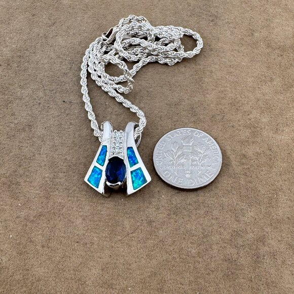 For My Love Sterling Silver Sapphire Opal Pendant 925 Silver Rope Necklace - Picture 4 of 5